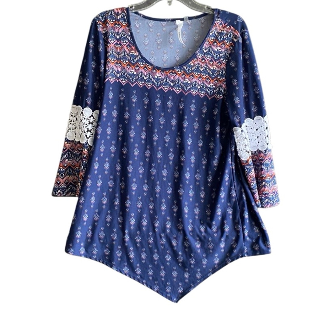 NY Collection 3/4 Sleeve Boho Asymmetrical Hem Tunic Top. Size Large